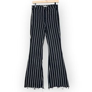 Cello‎ Flare Jeans 7 Black White Pinstripe High Rise Raw Hem Goth Bell Bottoms